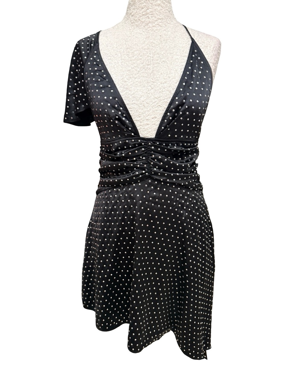 WeWoreWhat Black rhinestoned One-Shoulder Polka Dot Mini Dress 6 NWT